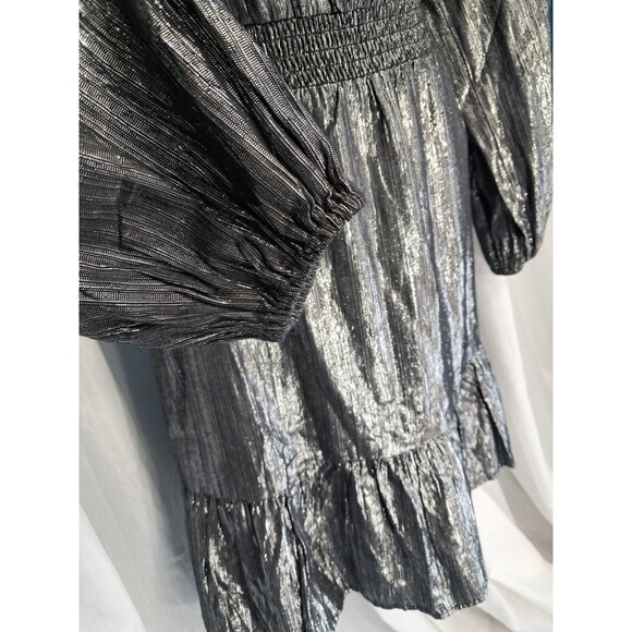 LOFT Women’s Silver Metallic Shimmer Smocked Flounce Dress Size Med - Picture 7 of 11